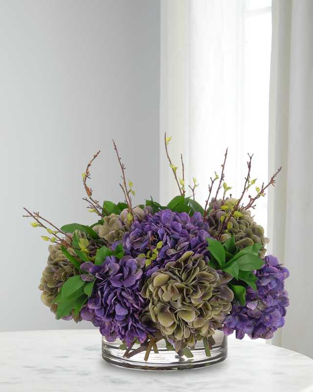 Hydrangea 17" Faux Floral Arrangement in Glass Bowl